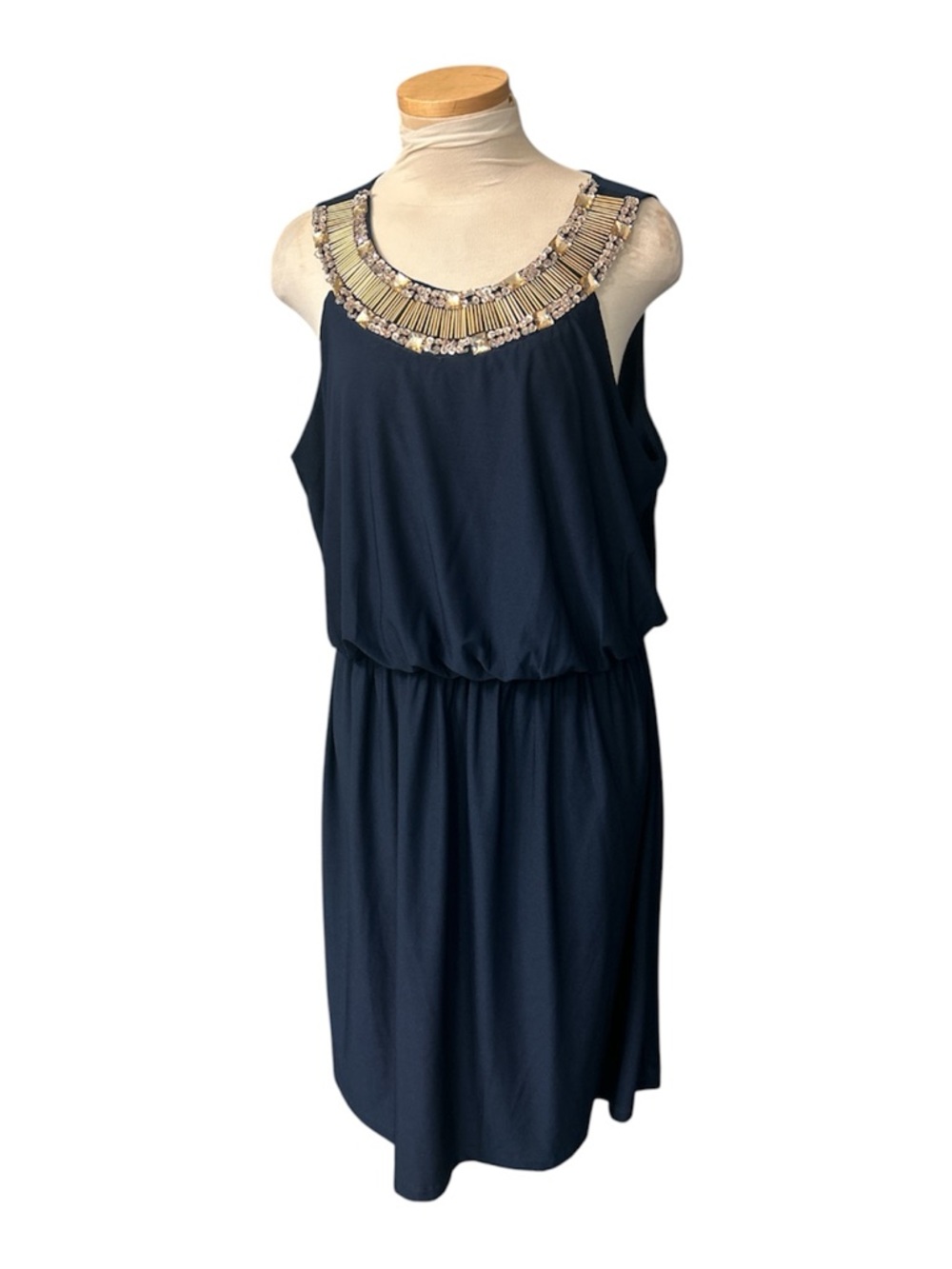 Ralph Lauren Navy Sleeveless Dress with Gold Beaded Neckline Size 16W